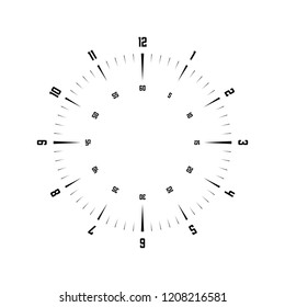 Clock face. Hour dial with numbers. Dashes mark minutes and hours. Simple flat vector illustration.
