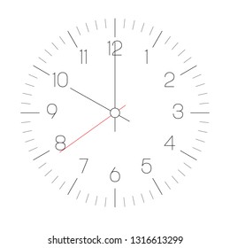 Clock face. Hour dial with numbers and hour, minute and second hand. Dashes mark minutes and hours. Thin outline design. Simple flat vector illustration.