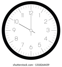 Clock face. Hour dial with numbers and hour and minute hand. Dashes mark minutes and hours. Thin outline design. Simple flat vector illustration.