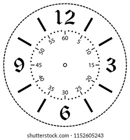 Clock face for house, alarm, table, kitchen, wall, wristwatches or special models for kids. Dial for pocket, stop watches or timer. For mark opening, visiting, office, business or working hours.