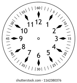 Clock face for house, alarm, table, kitchen, wall, wristwatches or special models for kids. Dial for pocket, stop watches or timer. For mark opening, visiting, office, business or working hours.