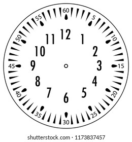 Clock face for house, alarm, table, kitchen, wall, wristwatches or special models for kids. Dial for pocket, stop watches or timer. For mark opening, visiting, office, business or working hours.