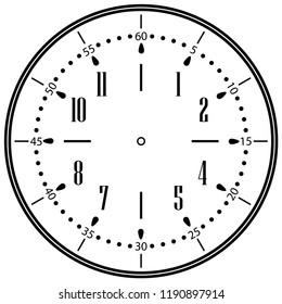 Clock face for house, alarm, table, kitchen, wall, wristwatches or special models for kids. Dial for pocket, stop watches or timer. For mark opening, visiting, office, business or working hours.