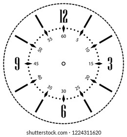 Clock face for house, alarm, table, kitchen, wall, wristwatches or special models for kids. Dial for pocket, stop watches or timer. For mark opening, visiting, office, business or working hours.