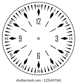 Clock face for house, alarm, table, kitchen, wall, wristwatches or special models for kids. Dial for pocket, stop watches or timer. For mark opening, visiting, office, business or working hours.