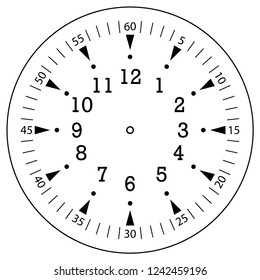 Clock face for house, alarm, table, kitchen, wall, wristwatches or special models for kids. Dial for pocket, stop watches or timer. For mark opening, visiting, office, business or working hours.
