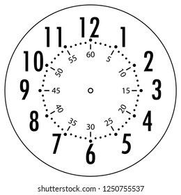 Clock face for house, alarm, table, kitchen, wall, wristwatches or special models for kids. Dial for pocket, stop watches or timer. For mark opening, visiting, office, business or working hours.