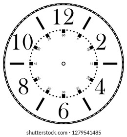 Clock face for house, alarm, table, kitchen, wall, wristwatches or special models for kids. Dial for pocket, stop watches, timer or grandfather clock. Logo for the repair shop.