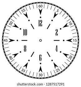 Clock face for house, alarm, table, kitchen, wall, wristwatches or special models for kids. Dial for pocket, stop watches, timer or grandfather clock. Logo for the repair shop.