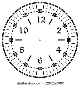 Clock face for house, alarm, table, kitchen, wall, wristwatches or special models for kids. Dial for pocket, stop watches, timer or grandfather clock. Logo for the repair shop.