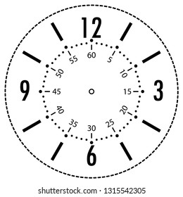 Clock face for house, alarm, table, kitchen, wall, wristwatch or special model for kids. Dial for pocket, stop watches, timers or grandfather clocks. Logo for the repair shop.