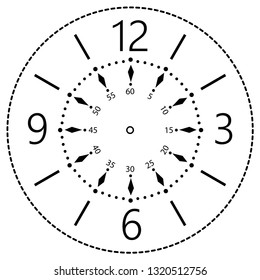 Clock face for house, alarm, table, kitchen, wall, wristwatch or special model for kids. Dial for pocket, stop watches, timers or grandfather clocks. Logo for the repair shop.