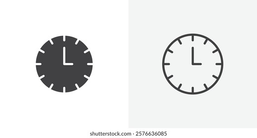 Clock face icon set in black flat solid and outlined style.