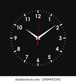 Clock face icon. Symbol watch isolated on black background. Design template closeup. Vector illustration 