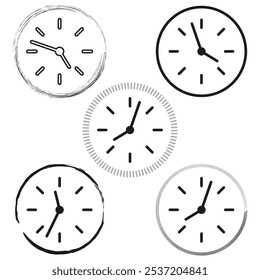 Clock face icons. Minimalist time symbols. Circular clock outlines. Vector watch illustrations.