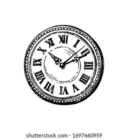 Clock face. Ink sketch isolated on white background. Hand drawn vector illustration. Retro style.