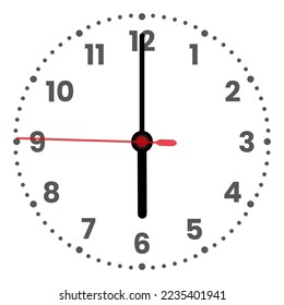 Clock face isolated on white background. 6 o'clock. Vector illustration