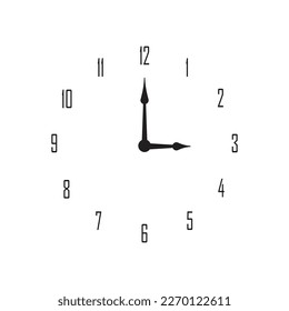 Clock face isolated on white background. Simple watch icon. Modern round dial with arrows on wall. Symbol of time. Timer in office. Black outline clock alarm with hour