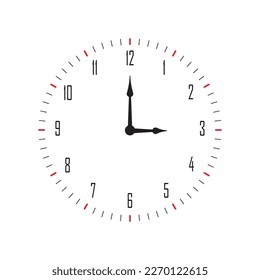 Clock face isolated on white background. Simple watch icon. Modern round dial with arrows on wall. Symbol of time. Timer in office. Black outline clock alarm with hour