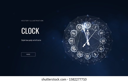 Clock face low poly landing page template. New Year holiday item web banner. 3d timer dial polygonal illustration. Watch, glowing timekeeper with decorative numerals mesh art homepage design layout