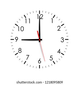 Clock face mock up isolated on white background. 9 o'clock. Vector illustration