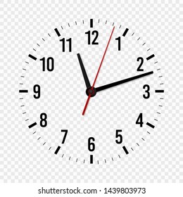 Clock face mockup. Hour, minute and second hands with a time scale for modern wall office watches. 3d vector isolated template