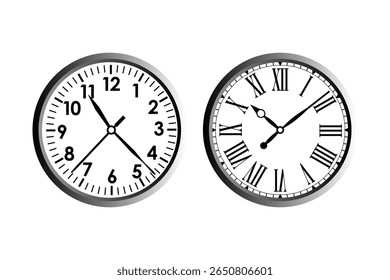 Clock face with numbers and roman numerals. Simple wall clock. Minimalist watch. Classic design wall clock. Analog clock. Vector illustration.