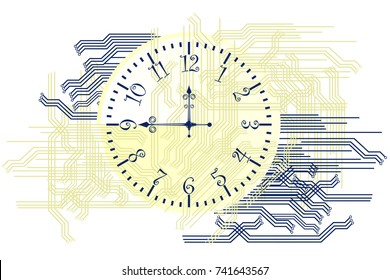 Clock face on abstract modern line background. Vector illustration of clock dial with arabic numerals and clock hands.