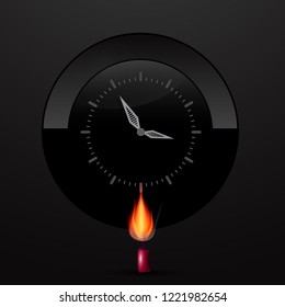 Clock Face on Black Background with Lit Candle Vector Illustration