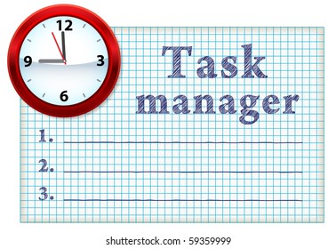 Clock face on a piece of paper with a list of tasks. Blank space for text. EPS10