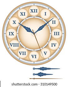 Clock face as part of an analog clock with roman numerals. Isolated vector illustration on white background.