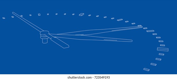 Clock face. Perspective view. Vector rendering of 3d. Wire-frame style. The layers of visible and invisible lines are separated