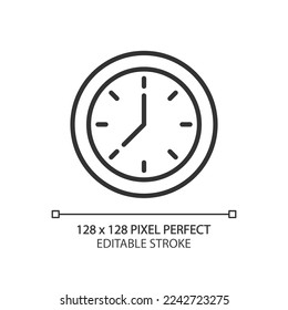 Clock face pixel perfect linear icon. Displaying time. Showing hours and minutes. Timekeeping tool. Thin line illustration. Contour symbol. Vector outline drawing. Editable stroke. Arial font used