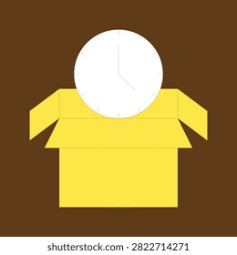 Clock face positioned above an open yellow cardboard box.