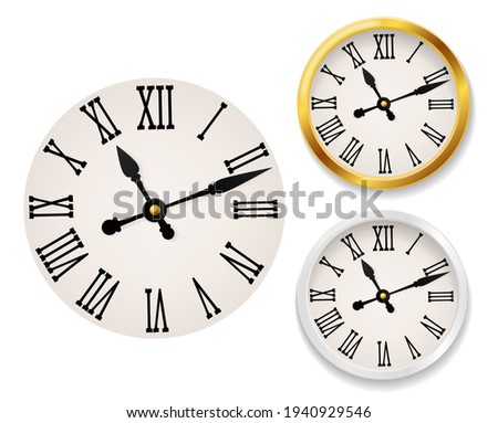 Clock face retro. Wall tower clocks with roman numerals and antique classic hands in golden and white round watch case. Elegant design vintage interior decor vector realistic set