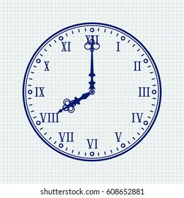 Clock face with roman numerals. Blue vector illustration on notebook sheet background