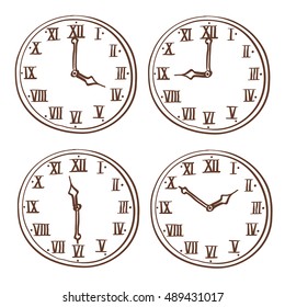 Clock face with roman numerals. Hand drawn doodle. Vector illustration isolated on white background