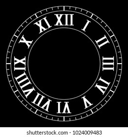 Clock face with roman numerals on black background. Vector illustration