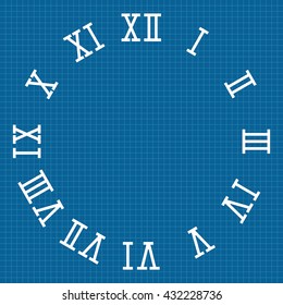 Clock face with roman numerals. White numbers on blueprint background. Vector illustration