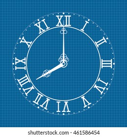 Clock face with roman numerals. White icon on blueprint background. Vector illustration