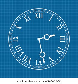 Clock face with roman numerals. White drawing on blueprint background. Vector illustration