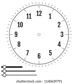 Clock face round. Design for men. Blank display dial of mechanical, electrical device with figures for measuring time, hours, minutes, seconds hands. Vector