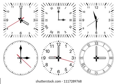 Clock Face. Round And Square Set. Vector Illustration Isolated On White Background 