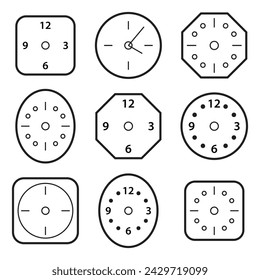 Clock face set, black isolated on white background, vector illustration.