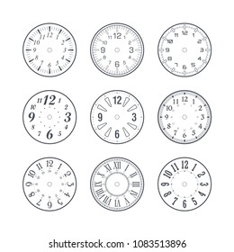 Clock face set with Roman and modern numerals, editable stroke
