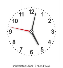 Clock face with shadow on white background. Clock hands. Part of an analog clock or watch.Vector illustration.