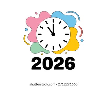 Ein Ziffernblatt zeigt fast Mitternacht, umgeben von farbenfrohen abstrakten Formen, wobei das Jahr 2026 unten hervorgehoben dargestellt wird.