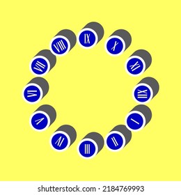 Clock face sign. Blue Icon with white stroke in 3d at yellow Background. Illustration.