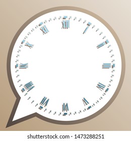 Clock face sign. Bright cerulean icon in white speech balloon at pale taupe background. Illustration.