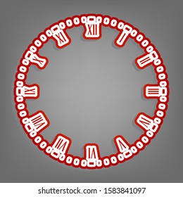 Clock face sign. Flat red icon with linear white icon with gray shadow at grayish background. Illustration.